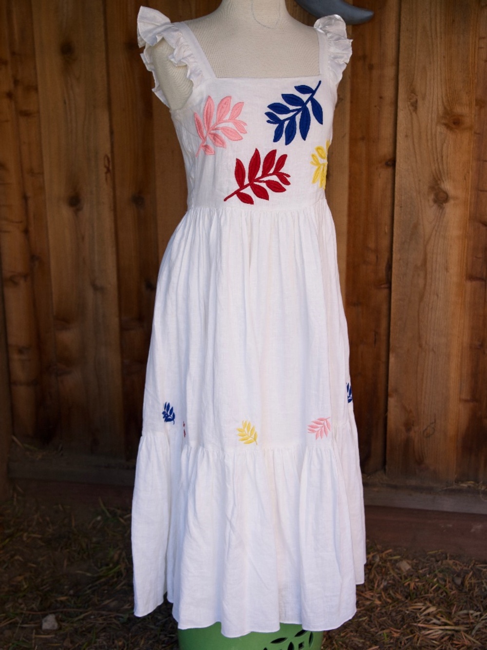 Carolina K 100% Linen Embroidered White Sleeveless Boho Maxi Dress Woman's M